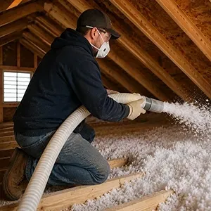 Worker using a drill to install a suspended ceiling panel indoors