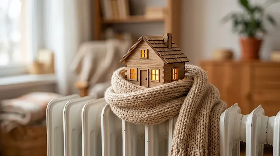 Miniature house atop a radiator, wrapped in a chunky beige knit scarf in a cozy room