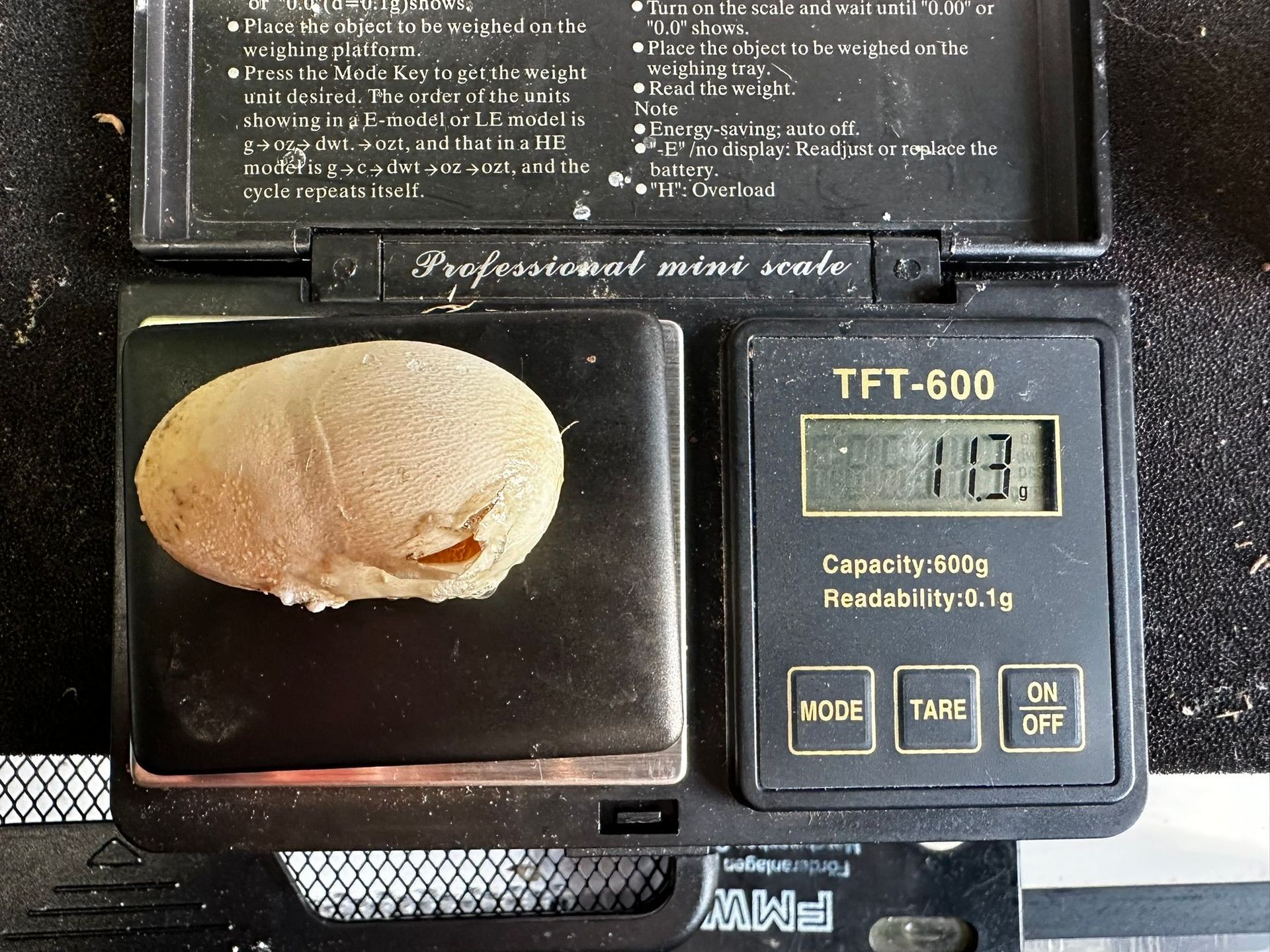Ein Brötchen auf einer schwarzen Digitalwaage, die 318 Gramm anzeigt.