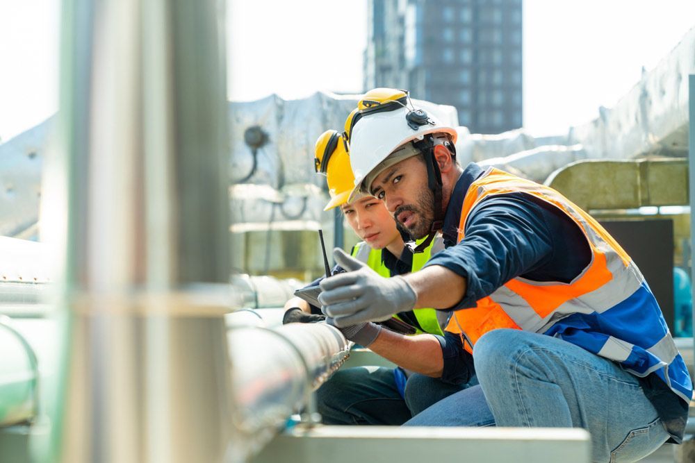 Two Workers in Safety Vests and Hard Hats Inspecting Pipes Outdoors — Keyeng in Slade Point, QLD