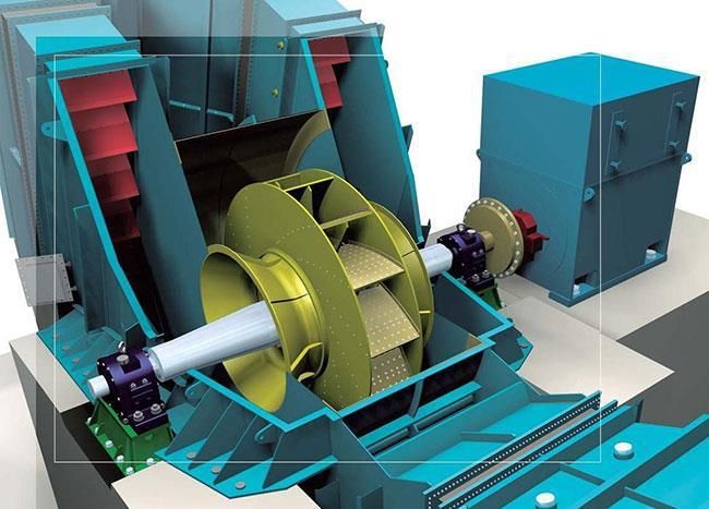 Ilustración en corte de un ventilador industrial grande con un impulsor amarillo y una carcasa azul.