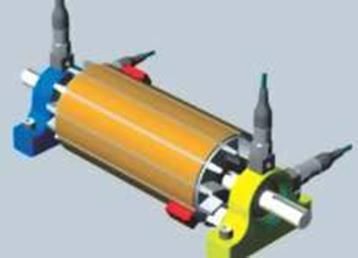 Diagrama de un rotor cilíndrico con sensores, sostenido por soportes azules y amarillos.