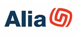 Logotipo de Alia con texto azul oscuro y un diseño abstracto rojo.