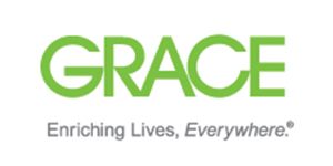Logotipo de GRACE, con el nombre en verde y el lema "Enriqueciendo vidas, en todas partes" en gris.