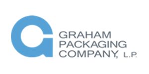 Logotipo de Graham Packaging Company, LP. La "G" es un círculo azul claro con un recorte a la derecha. Texto gris al lado.