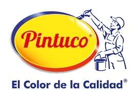 Logotipo de Pintuco: Óvalo amarillo con texto rojo, pintor con pincel y pintura, 