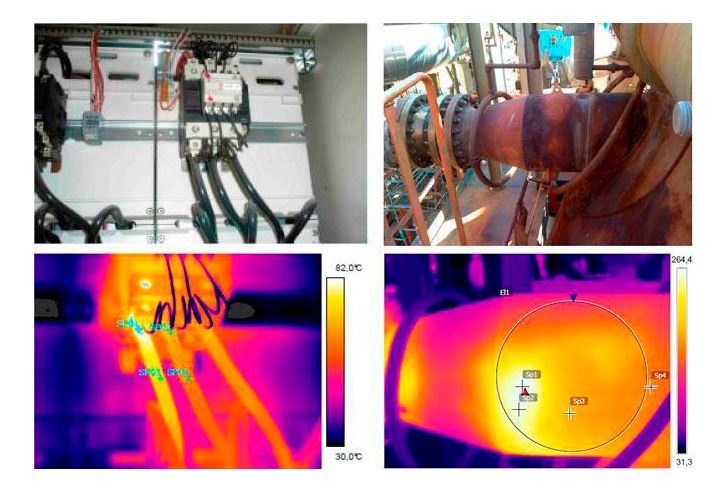 Imágenes térmicas que muestran el panel eléctrico y la maquinaria, resaltando las firmas de calor de posibles problemas.