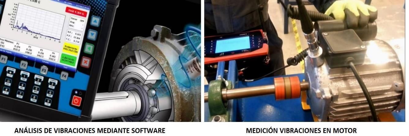 Una máquina y una pantalla que muestran gráficos y un motor que se inspecciona para detectar vibraciones.