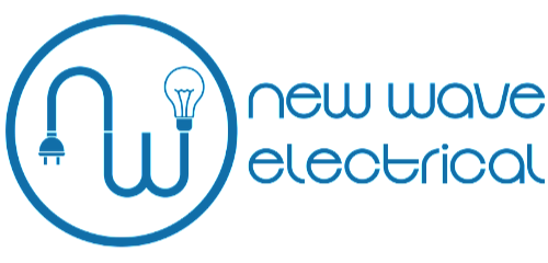 The logo for new wave electrical shows a light bulb and a plug.