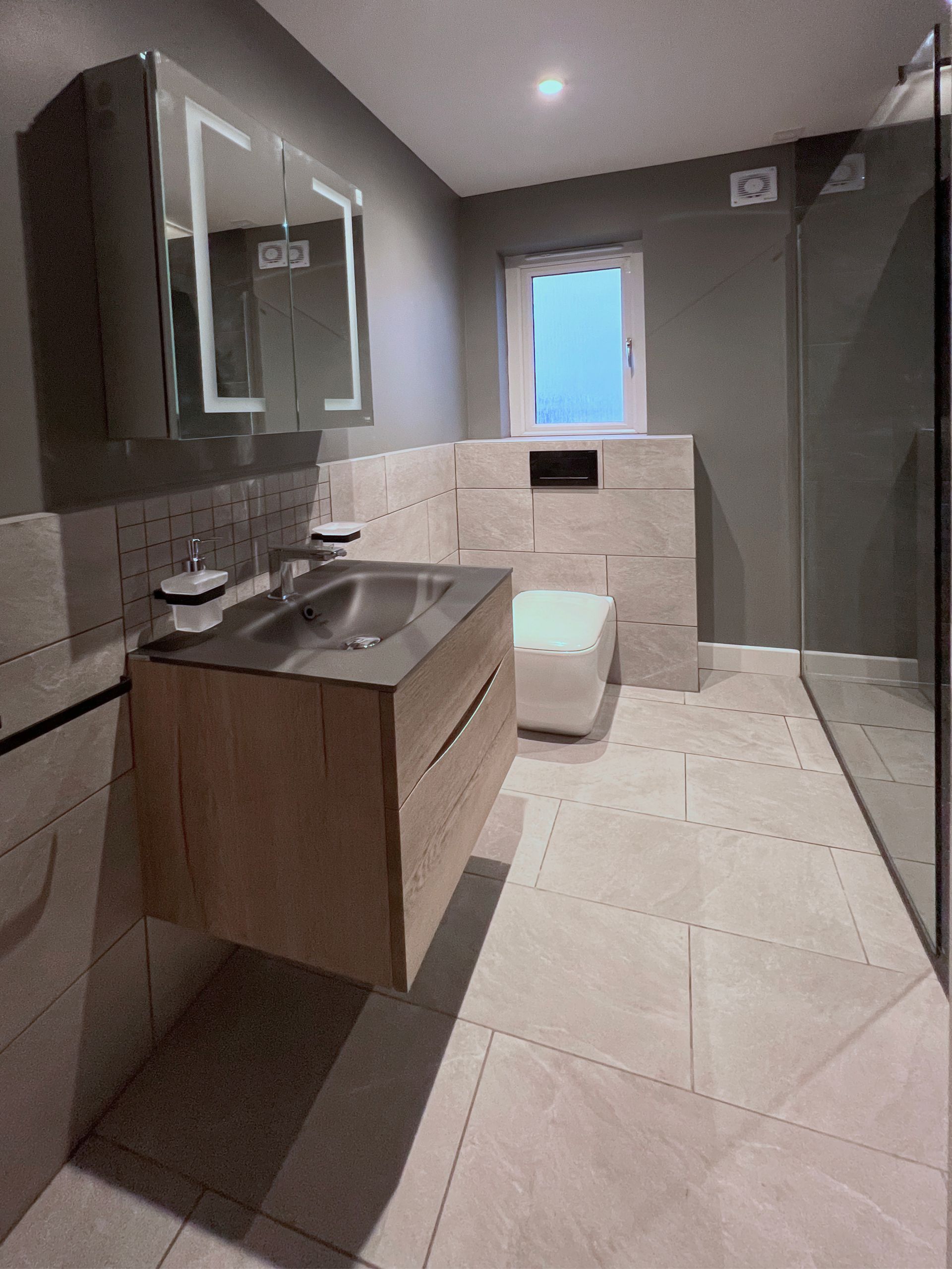 A bathroom with a sink , toilet and walk in shower