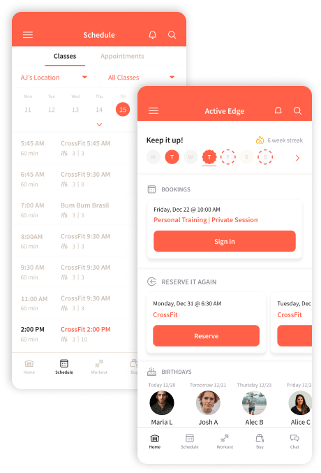 Mobile app screens showing a coral-and-white schedule and booking interface with calendar and action buttons
