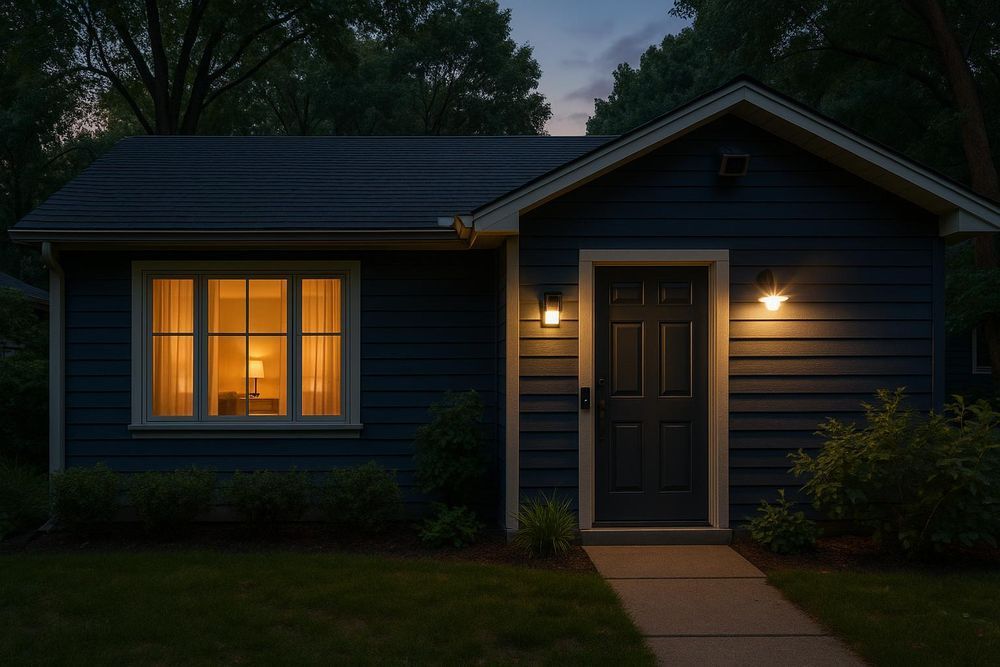 Small blue house at dusk, lit interior, porch lights on.