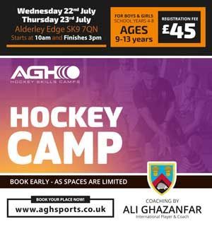 Purple hockey camp poster with dates, ages 9–13, £45 fee, and booking details for Ashgates Sports College.