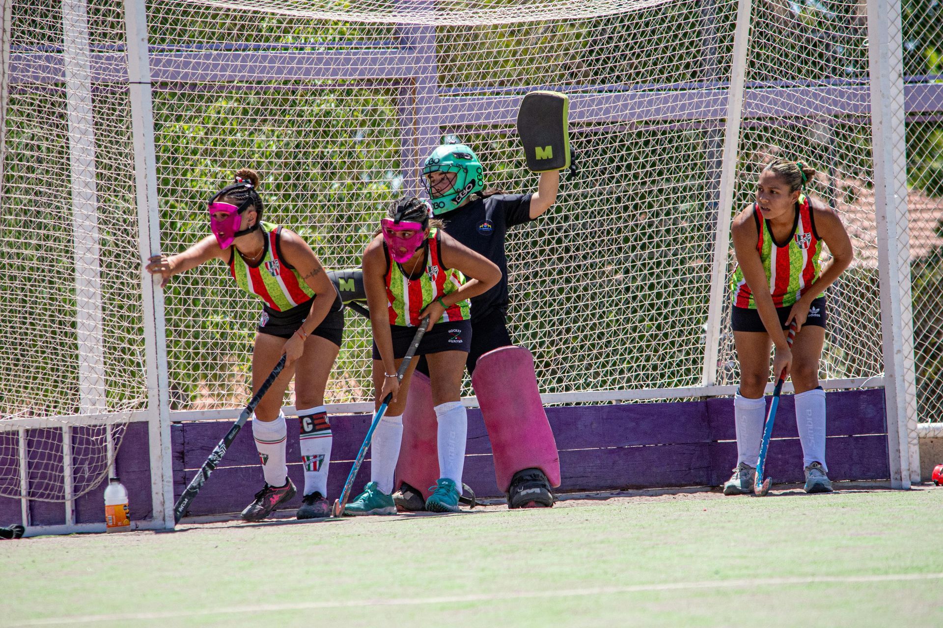 A group of women are playing field hockey on a field.