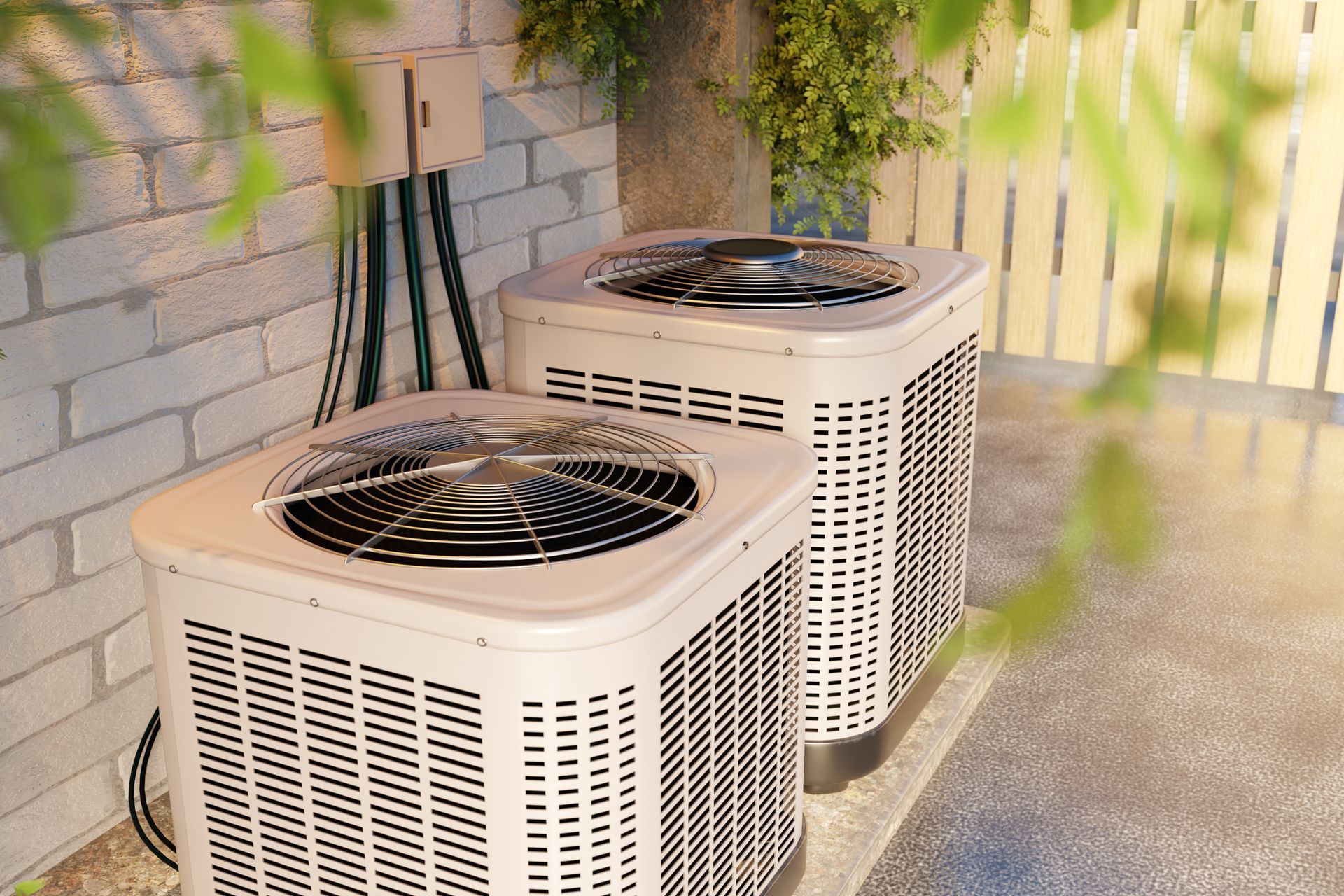 Two outdoor HVAC units sit side-by-side on a concrete patio next to a white brick wall and a fence.