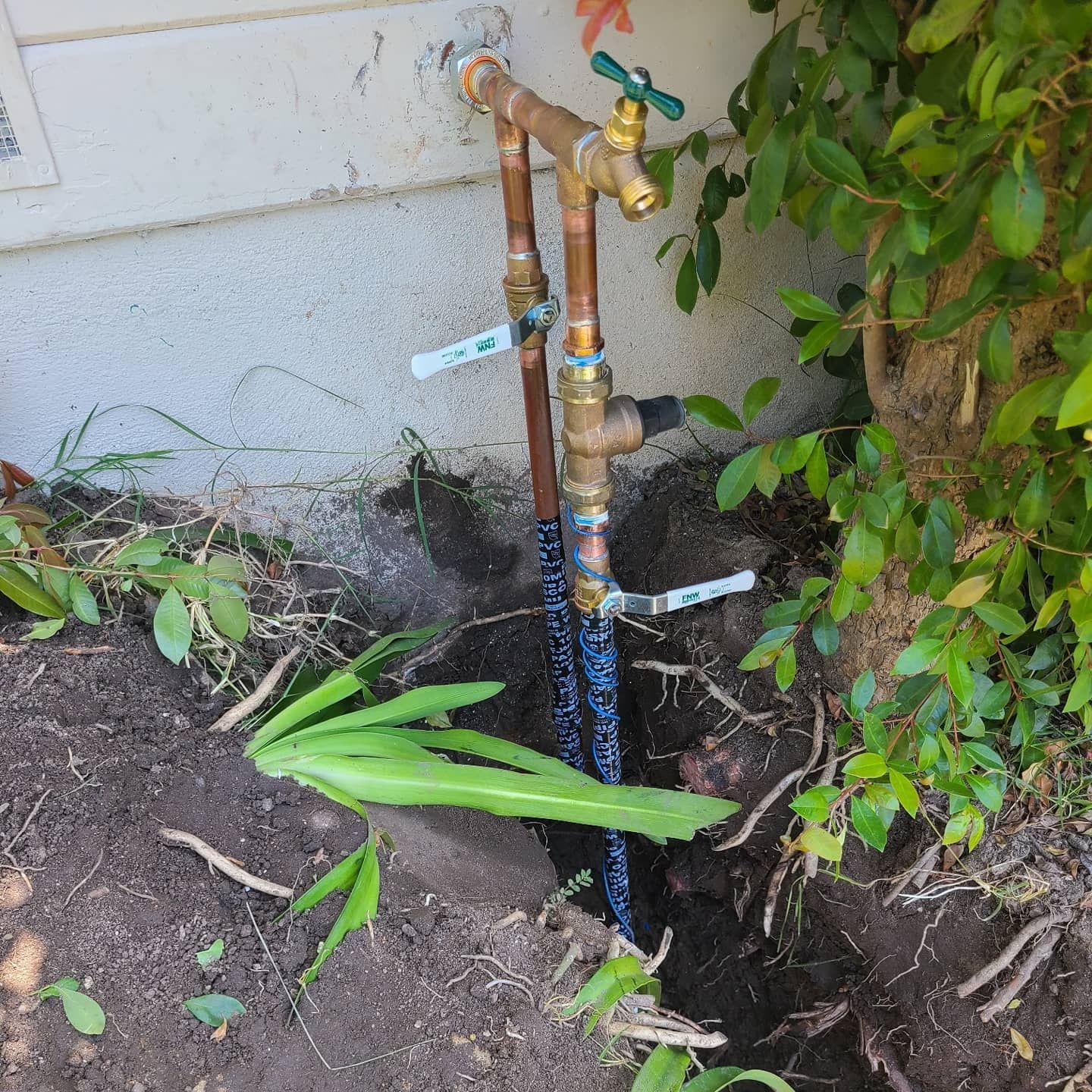 Outdoor water spigot with copper pipes and valves emerging from soil.