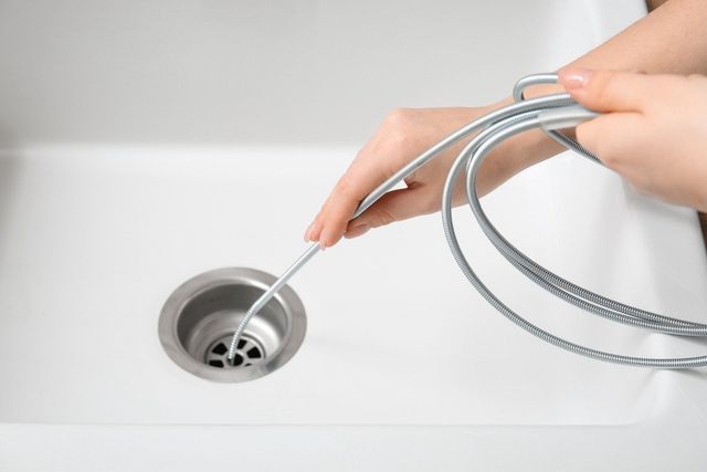 Person using a drain snake in a white sink to unclog a drain.