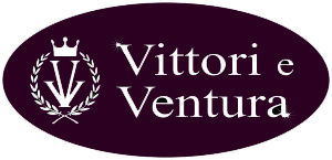 Vittori e Ventura logo in white on a dark purple oval background