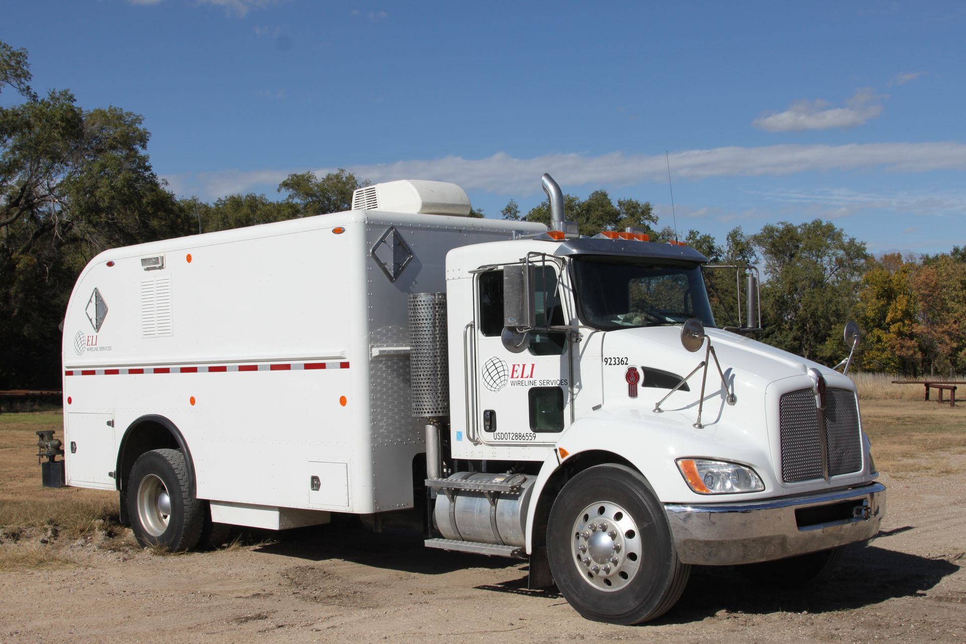 A white truck is parked in a field with trees in the background