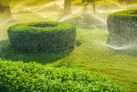 Sprinklers watering neatly trimmed green hedges in a sunlit garden.