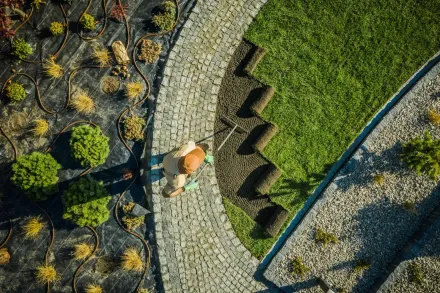 Aerial view of two people on a curved stone path beside green grass and rocky landscaping.