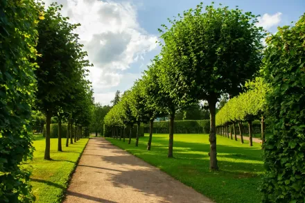 Tree-lined park path under a bright blue sky with clouds, flanked by green lawns and sunlit trees