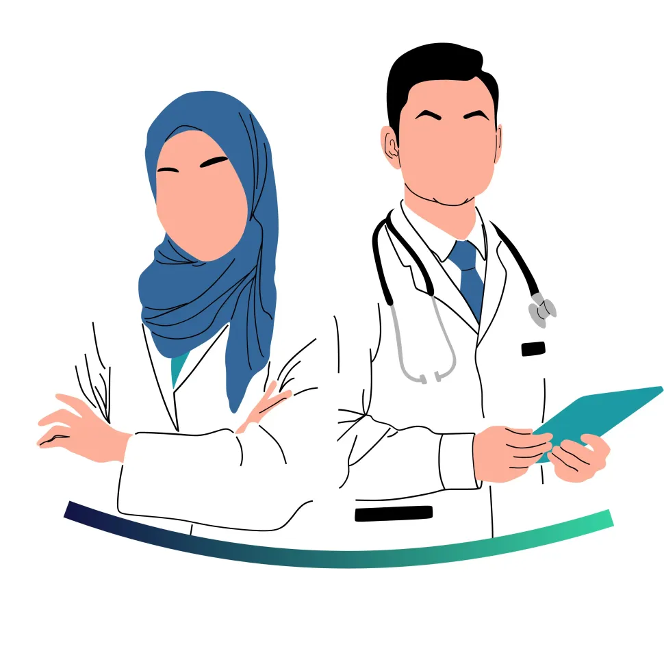 Two doctors in white coats, one with a stethoscope and clipboard, standing side by side on a white background