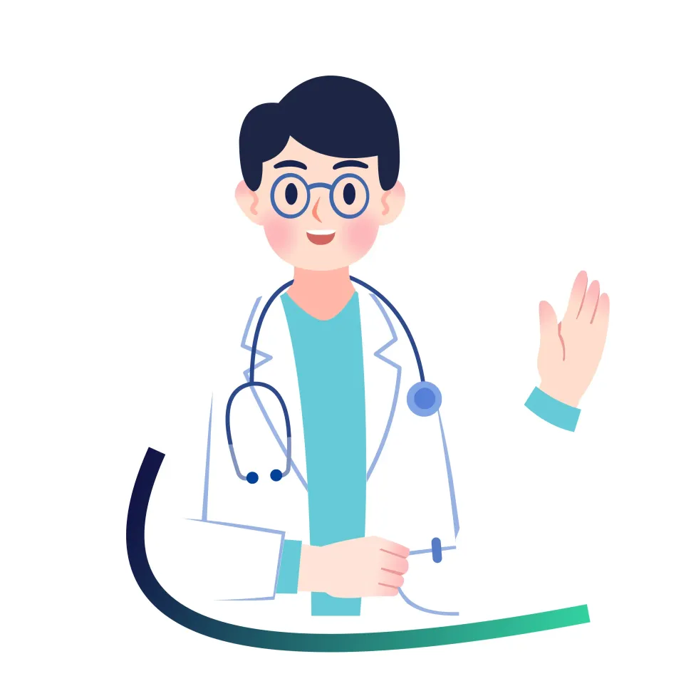 Illustrated doctor in white coat and stethoscope, waving with a friendly expression on a white background