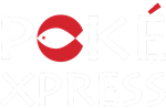 POKÉXPRESS logo with a red circular fish-like icon and pale white lettering on a white background