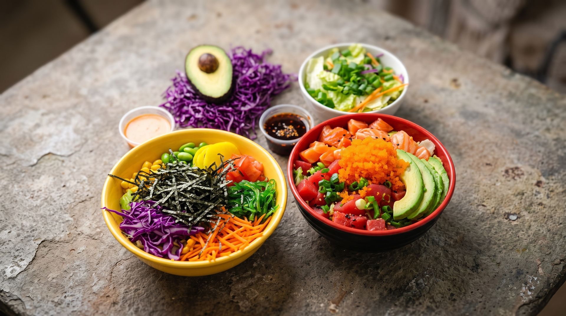 Four colorful salad bowls and an avocado on a rustic stone table
