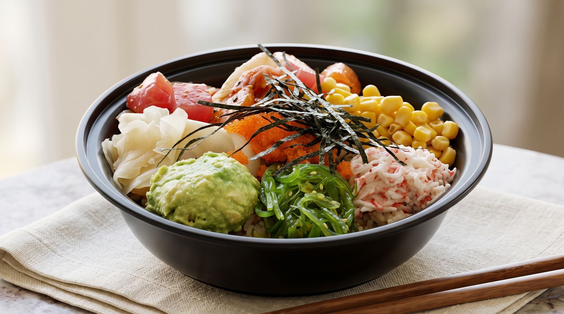 Colorful sushi bowl with avocado, salmon, corn, and rice on a tray