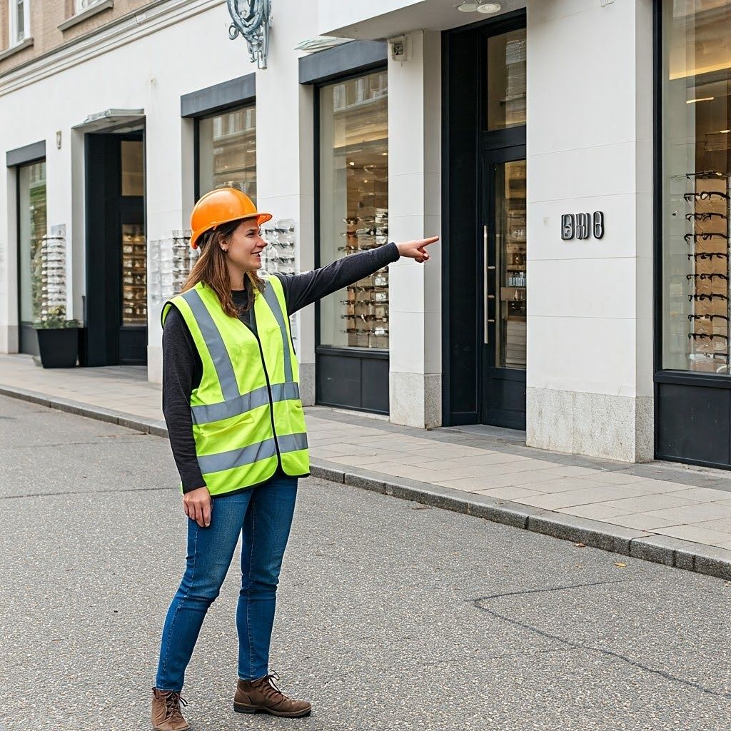 Travailleuse montrant la direction à prendre pour se rendre à Gembloux Optique malgré les travaux !