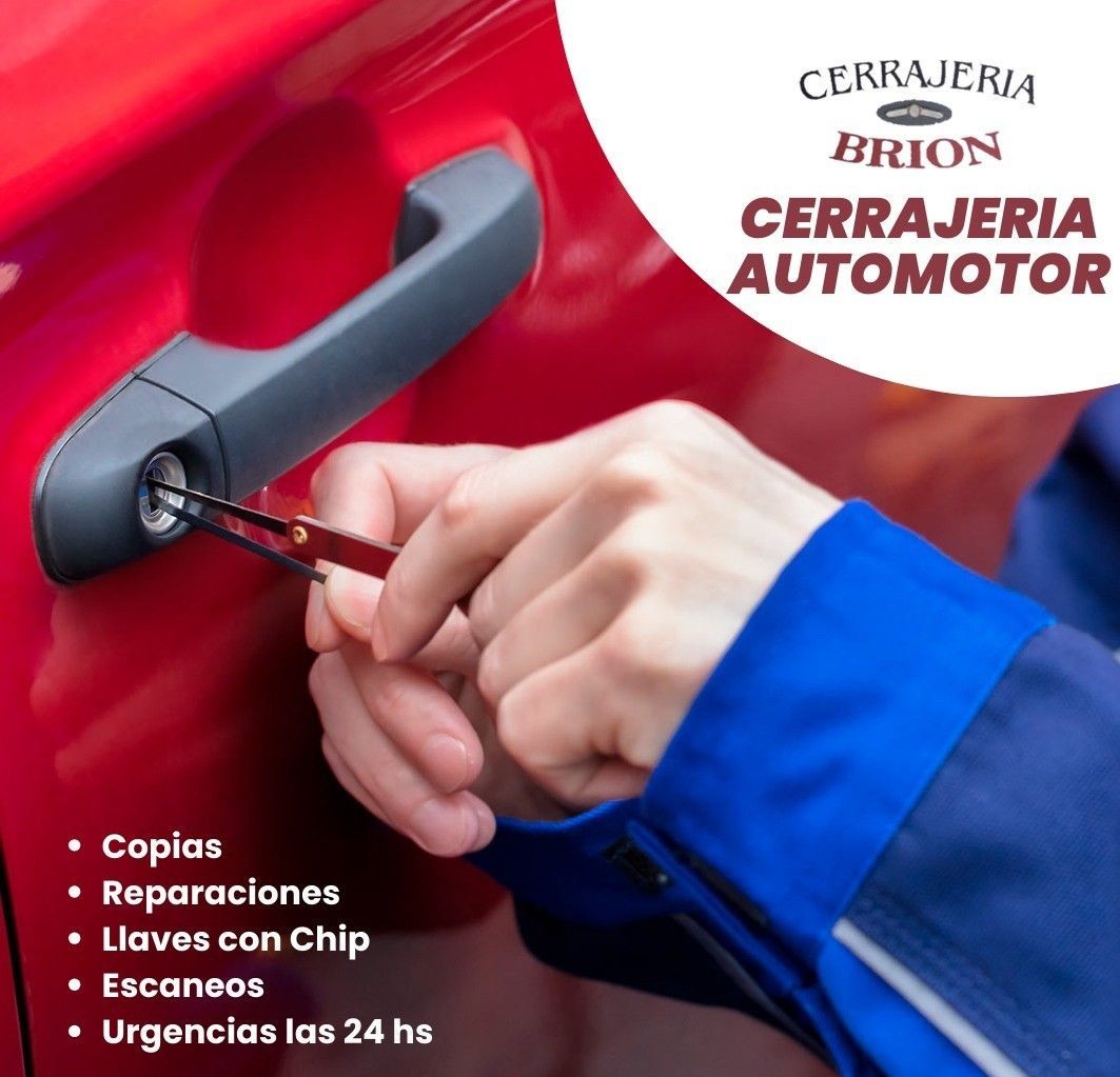 Una persona que utiliza herramientas para desbloquear la puerta de un coche rojo, anunciando servicios de cerrajería automotriz.