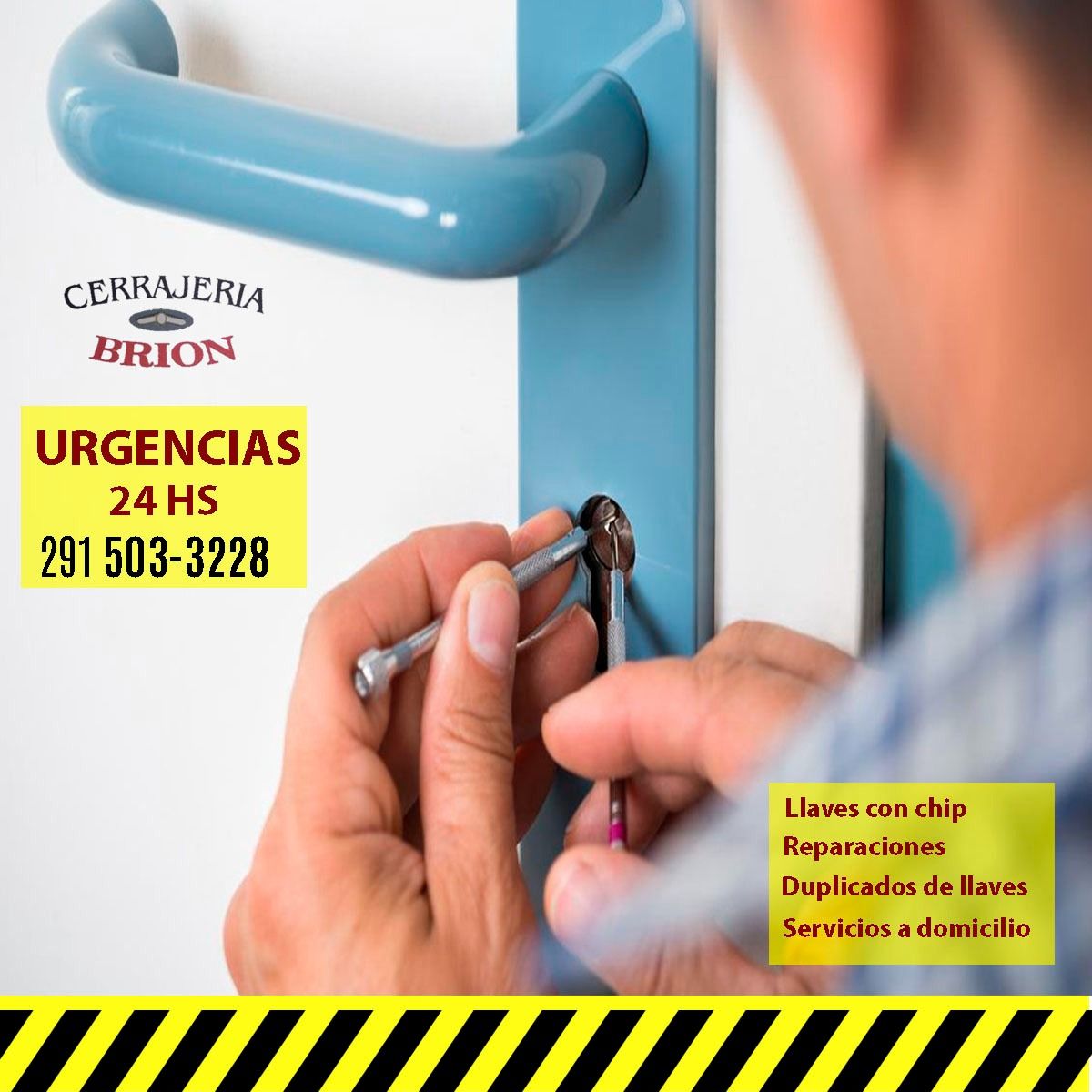 Cerrajero abriendo una puerta con los datos de contacto de la empresa: 