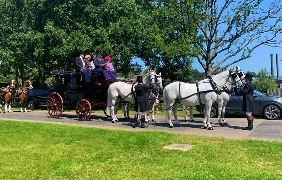 A horse drawn carriage with people in it is parked on the side of the road.