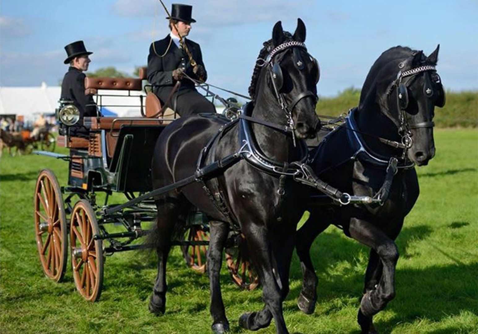 Two men in top hats are riding a horse drawn carriage