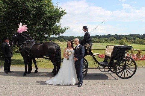 A bride and groom are posing for a picture in front of a horse drawn carriage.