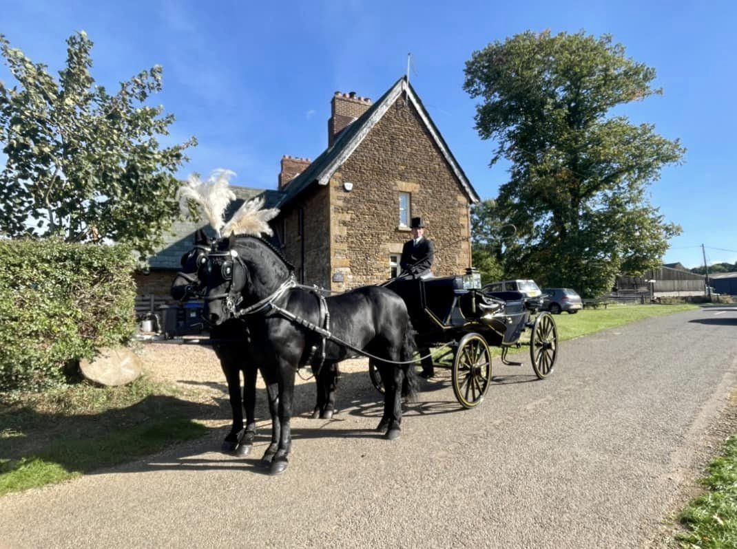 A horse drawn carriage is parked in front of a stone building