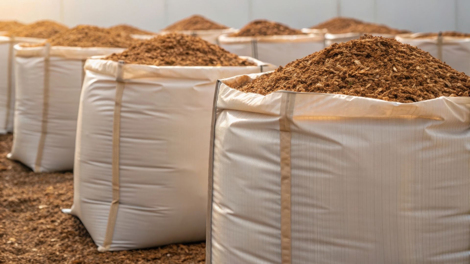White industrial bags filled with loose bulk soil. White industrial bags filled with loose bulk soil.