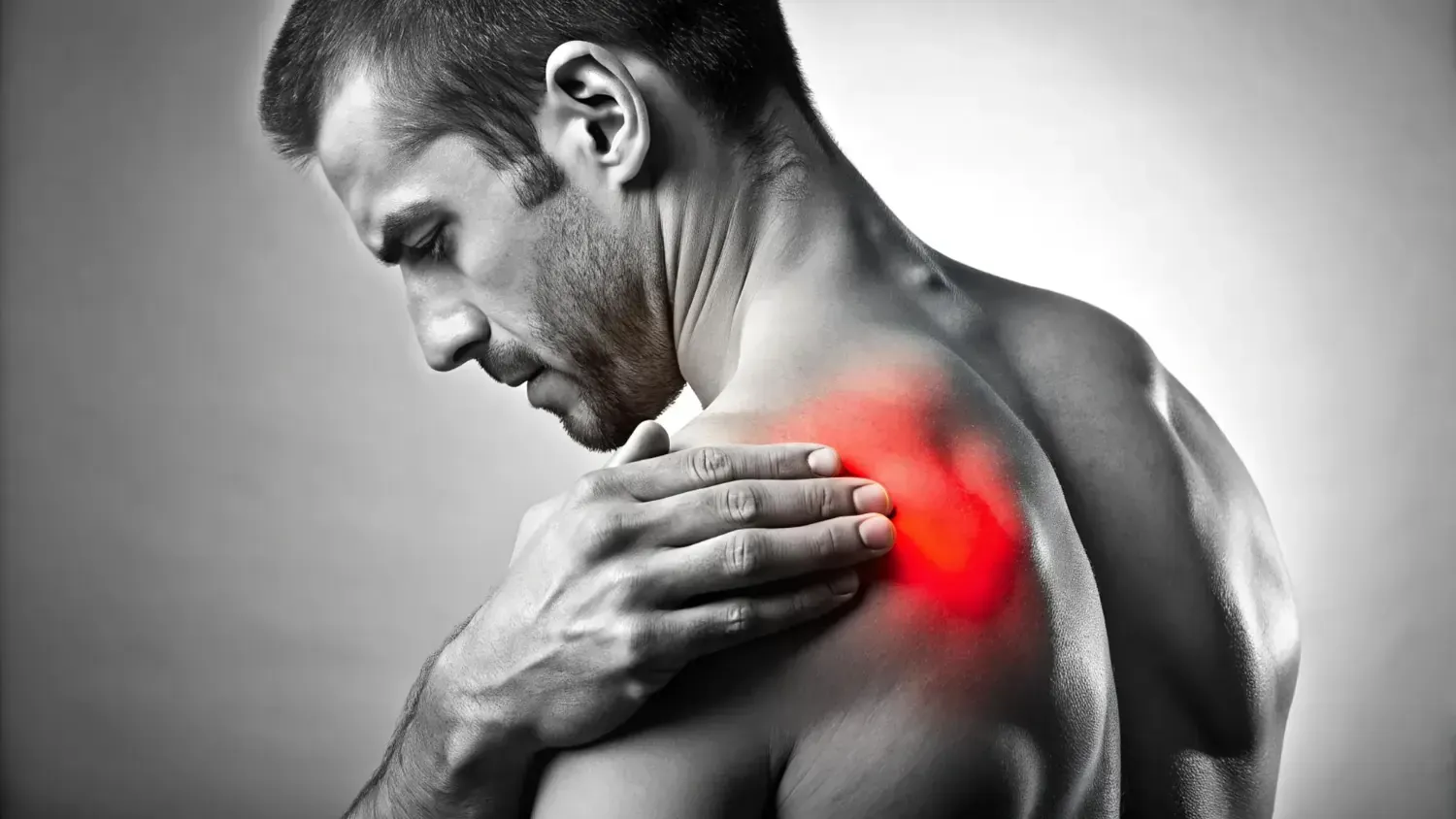 A man is holding his shoulder in pain.
