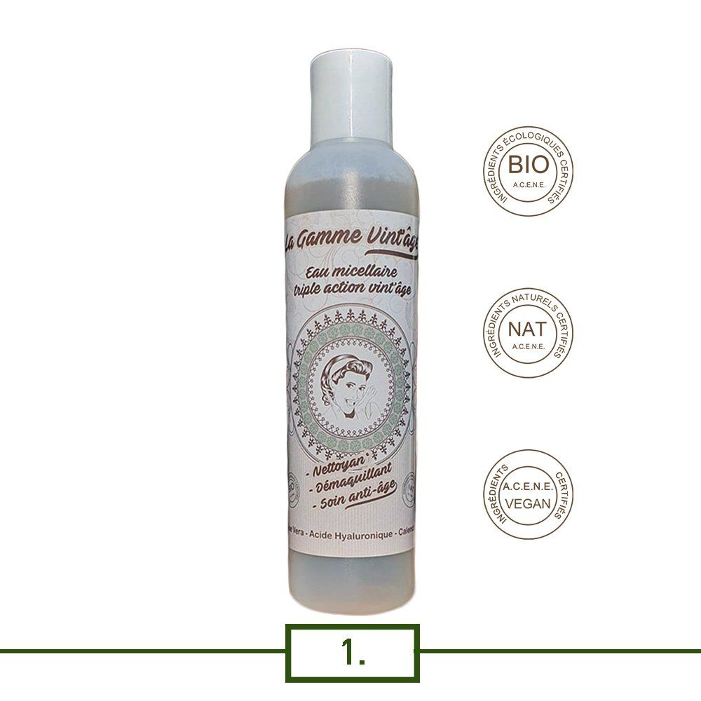 Source de beauté. Triple action. Nettoyant, démaquillant et soin anti-âge. Eau micellaire certifié bio et végan