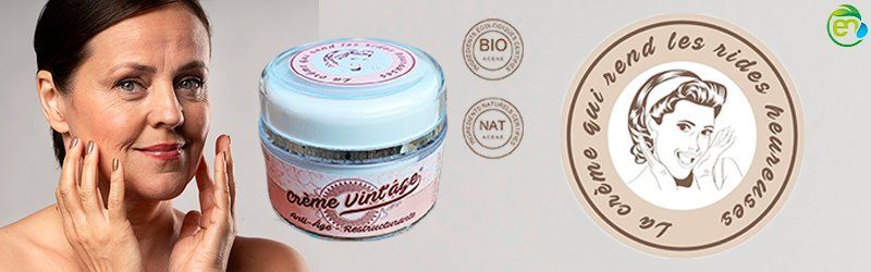 LA CRÈME QUI REND LES RIDES HEUREUSES ! Pour finir votre routine peau mature, le soir, utilisez notre Crème anti-âge restructurante Vint'âge, la CRÈME QUI REND LES RIDES HEUREUSES riche en actifs tenseur qui redonnera de la fermeté à votre peau. Comble les rides, restaure les volumes et combat le dessèchement de la peau, une crème pour l'équilibre des peaux matures. Cosmétique haut de gamme certifié bio 100% naturel.