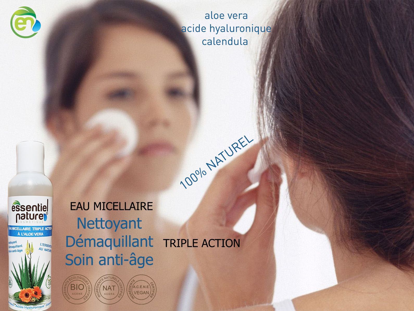 Elle nettoie et régénère la peau, lui donne un aspect lisse et tonique, élimine les taches de vieillesse, aide à long terme à retendre les muscles du visage et à effacer les rides et ridules. ALOE VERA - ACIDE HYALURONIQUE - CALENDULA