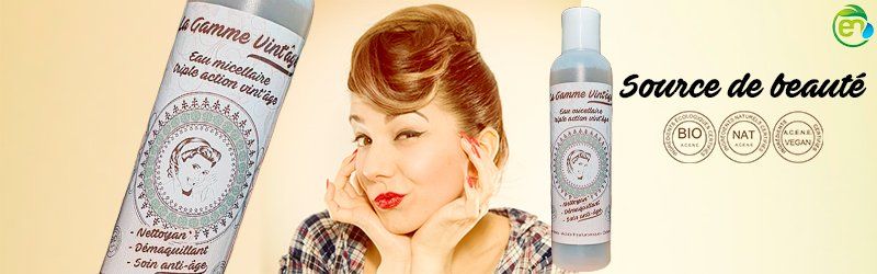 Eau micellaire Vint'âge : SOURCE DE BEAUTÉ Premièrement, optez pour notre eau micellaire VINT'ÂGE pour vous laver le visage et surtout l'hydrater en préservant son film hydrolipidique grâce à l'aloe Vera et l'acide hyaluronique. La SOURCE DE BEAUTÉ est de se nettoyez la peau en enlevant toutes traces d’impuretés. Le calendula quand à lui apporte une action antibactérienne. Certifié bio 100% naturel et végan.