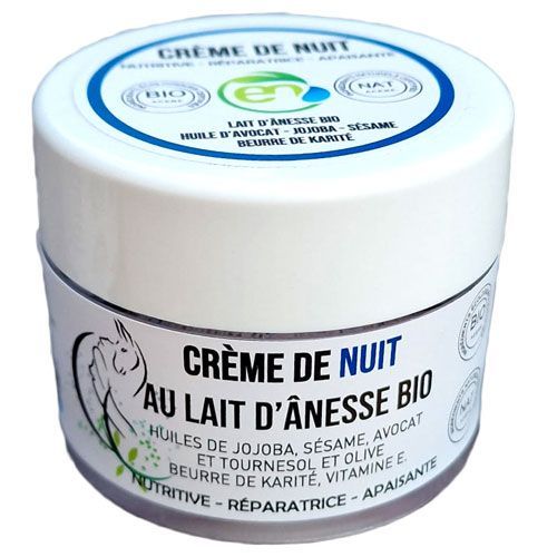 Fragilisée par les agressions extérieures, la peau perd au fur et à mesure l'efficacité de sa fonction barrière, ce qui provoque des déséquilibres cutanés. La nuit est alors un moment clé pour que la peau récupère car elle n'est soumise à aucune perturbation. La crème de NUIT BIO au lait d’ânesse BIO Essentiel Nature associe les propriétés exceptionnelles du lait d'ânesse et celles d'autres actifs bio : Des huiles végétales précieuses de première qualité riches en actifs hydratants et protecteurs des tissus épidermiques tels que : Lait d'ânesse - Huile de jojoba - Huile d'olive - Huile de sésame - Huile d'avocat - Beurre de karité - Vitamine E - Huile de tournesol