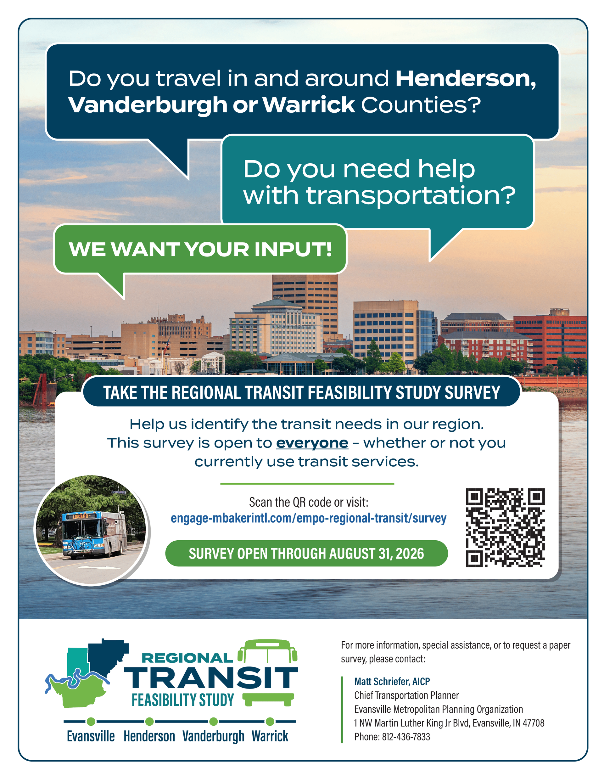Transit survey flyer asking Henderson, Vanderburgh, and Warrick County residents about transit needs.