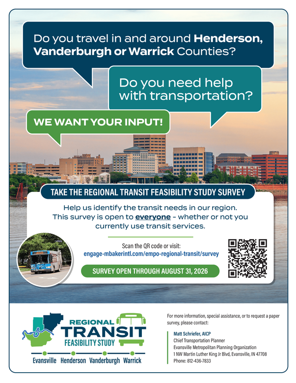 Transit survey flyer asking Henderson, Vanderburgh, and Warrick County residents about transit needs.