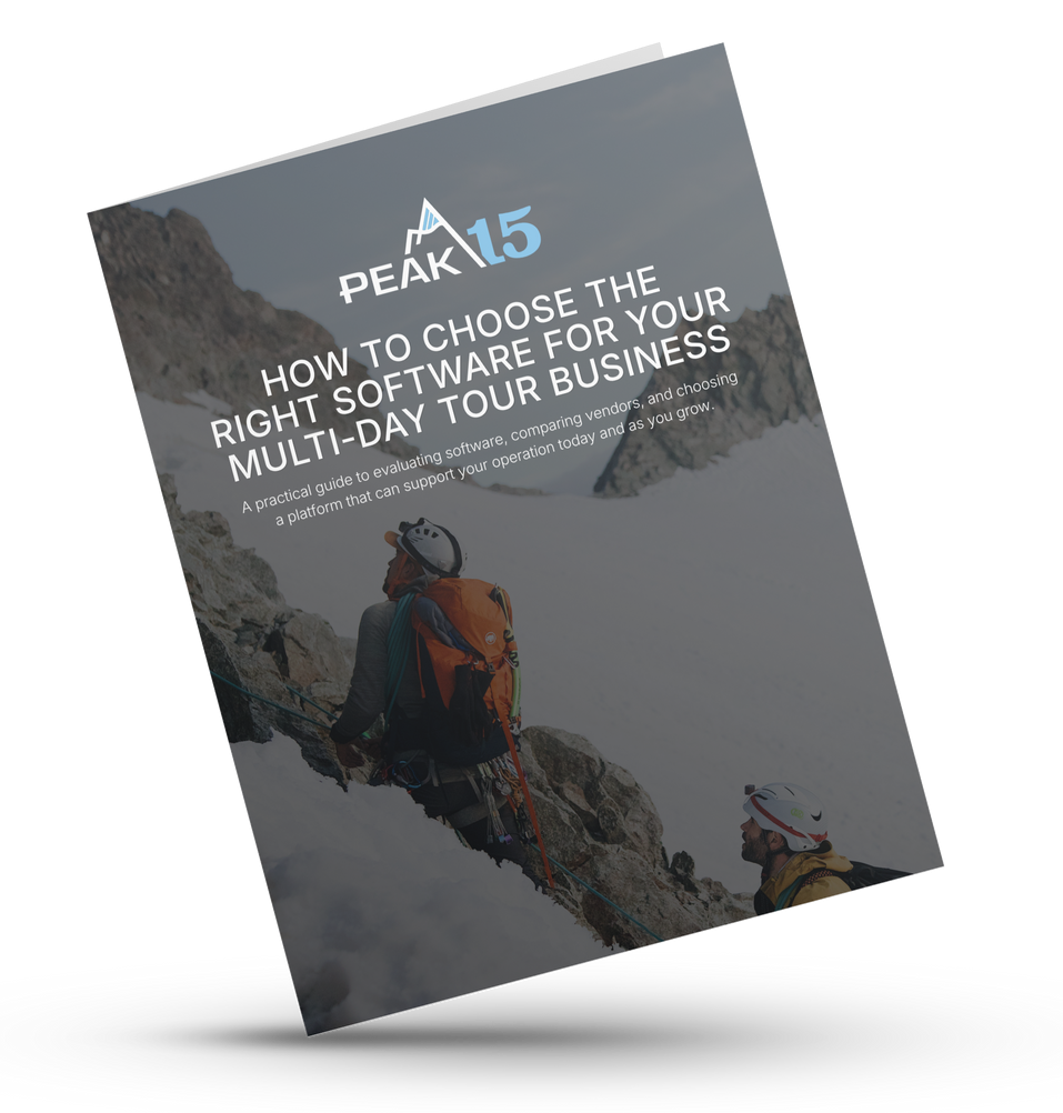 Tilted brochure cover titled “How To Choose The Right Software For Your Multi-Tour Business” over a snowy mountain landscape with two climbers