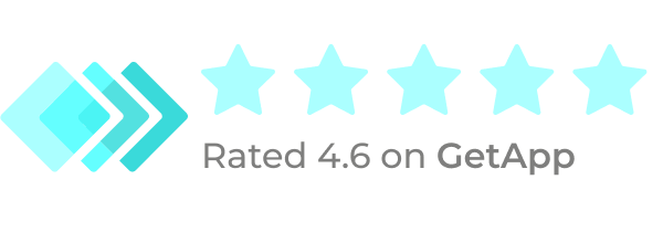 GetApp rating badge with teal logo and five stars, text reads “Rated 4.6 on GetApp”