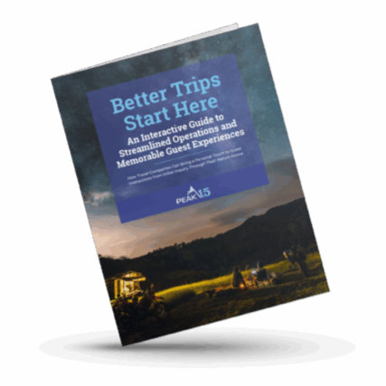 Tilted brochure cover titled “Better Trips Start Here” over a sunset landscape with a tractor in the field